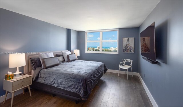 bedroom with dark hardwood / wood-style floors