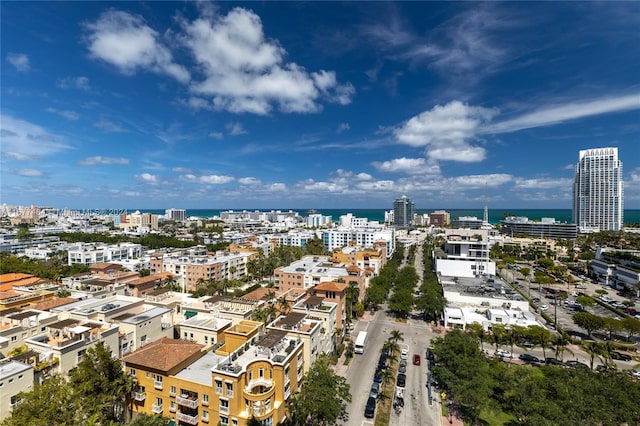 aerial view featuring a city view and a water view