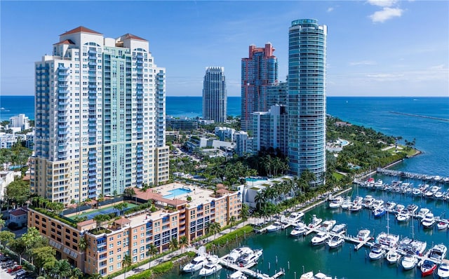 birds eye view of property featuring a view of city and a water view