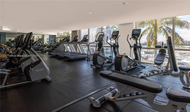 exercise room with floor to ceiling windows