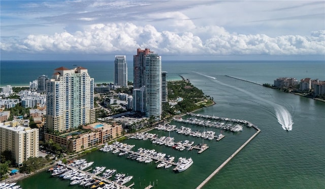 birds eye view of property featuring a water view and a city view