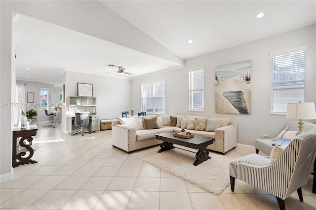 tiled living room with crown molding, lofted ceiling, a wealth of natural light, and ceiling fan