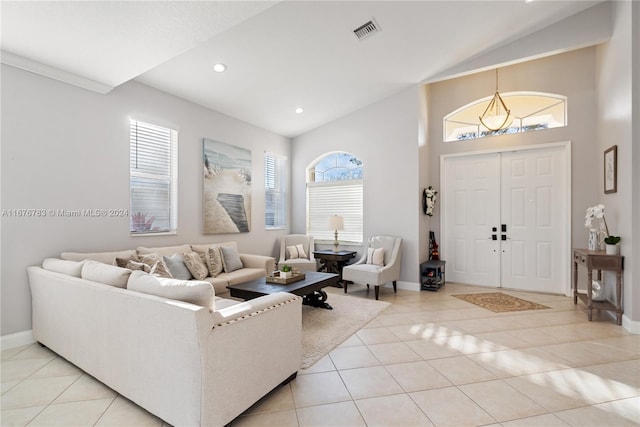 tiled living room with vaulted ceiling