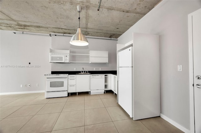 690 SW 1st Ct Unit 1730, Miami, FL 33130 - kitchen featuring white appliances, open shelves, a sink, dark countertops, and white cabinets