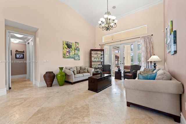 living room featuring french doors, crown molding, a notable chandelier, and a towering ceiling