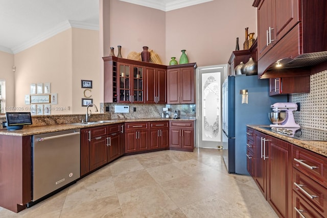 kitchen with light stone countertops, sink, crown molding, and stainless steel appliances