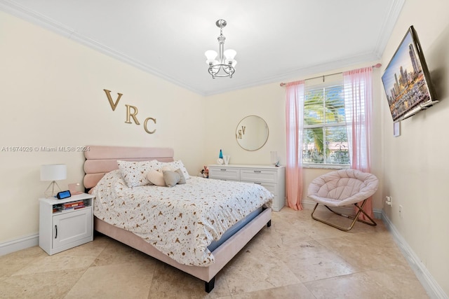 bedroom featuring crown molding and a chandelier