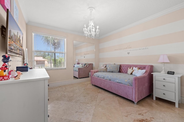 bedroom featuring a notable chandelier and ornamental molding