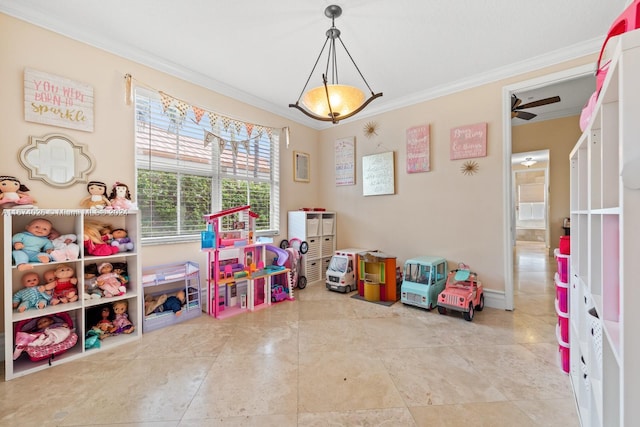 game room with crown molding and ceiling fan