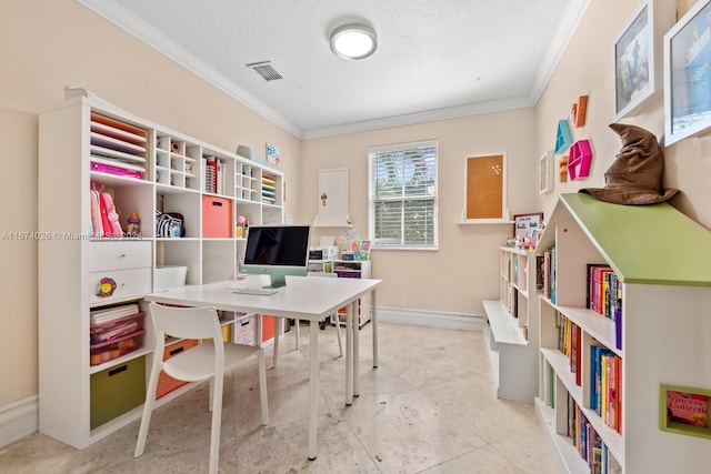 office space with ornamental molding and a textured ceiling