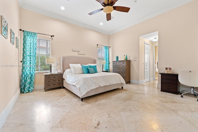 bedroom with ornamental molding, a closet, and ceiling fan