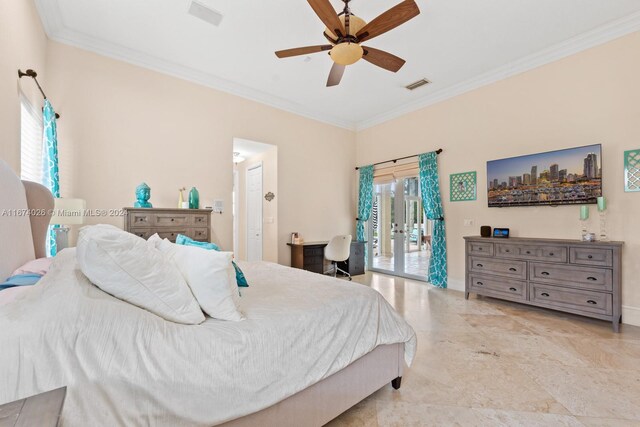 bedroom featuring ceiling fan and ornamental molding