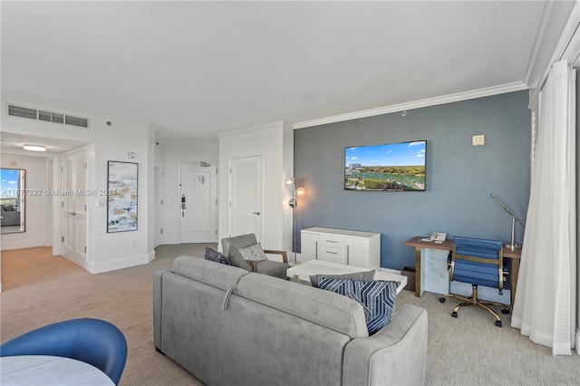 carpeted living room featuring ornamental molding