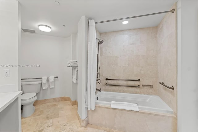 full bathroom with vanity, toilet, and shower / bathtub combination with curtain