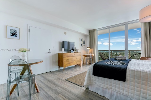 bedroom with light hardwood / wood-style flooring and floor to ceiling windows