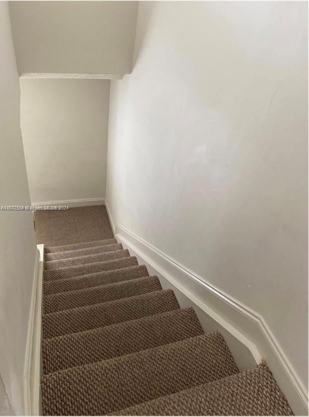 staircase featuring carpet flooring