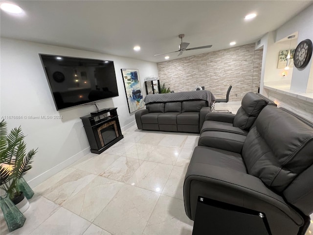 living room featuring ceiling fan