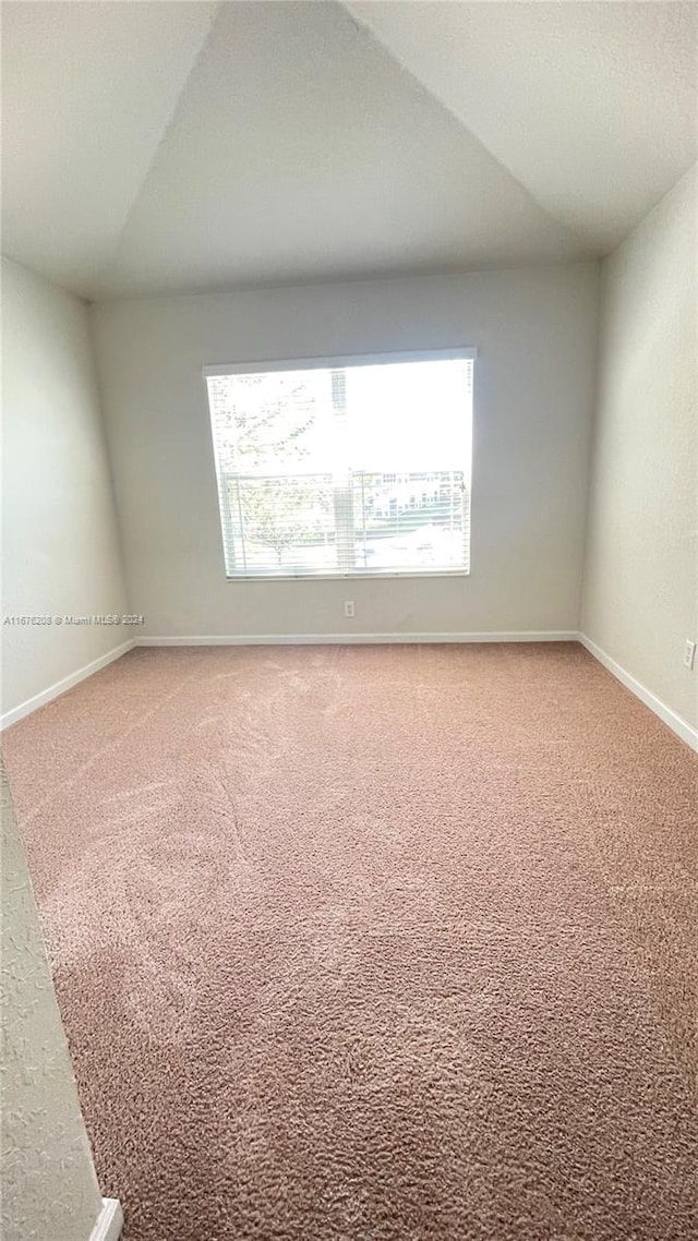 carpeted spare room with a wealth of natural light, lofted ceiling, and baseboards