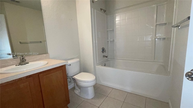 full bath featuring bathing tub / shower combination, tile patterned floors, vanity, and toilet