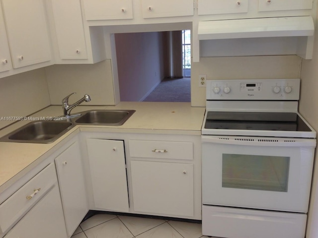 kitchen with sink, ventilation hood, light tile patterned flooring, white cabinets, and electric stove