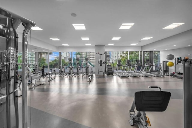 workout area featuring plenty of natural light and expansive windows