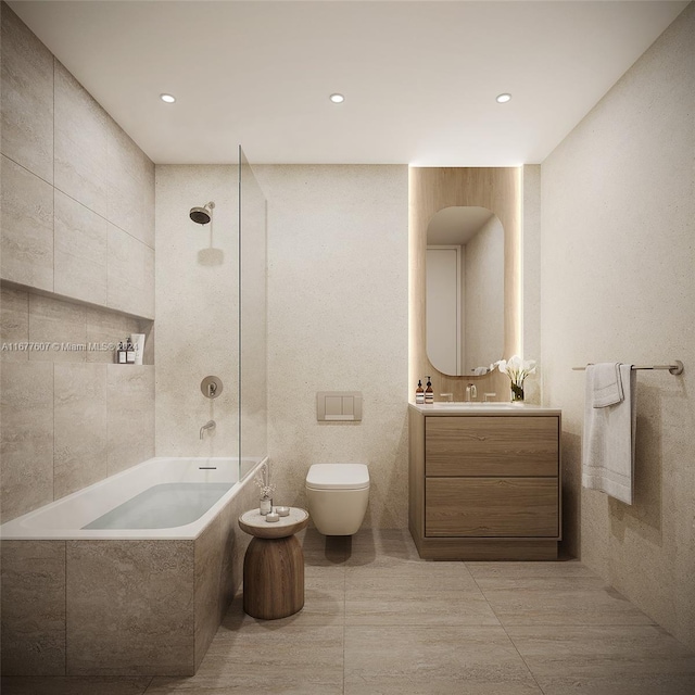 full bathroom with toilet, tile walls, a bidet, tiled shower / bath, and vanity