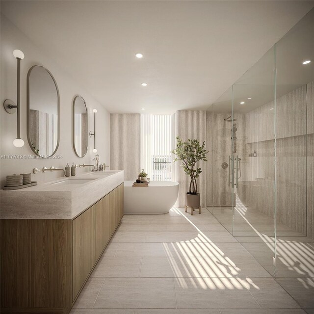 1130 100th St Unit 4C, Bay Harbor Islands, FL 33154 - full bathroom with tile patterned floors, a freestanding bath, a shower stall, double vanity, and recessed lighting