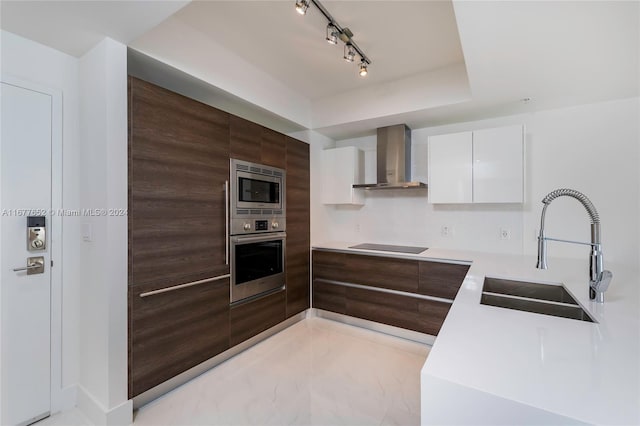 kitchen with appliances with stainless steel finishes, sink, a raised ceiling, white cabinetry, and wall chimney exhaust hood