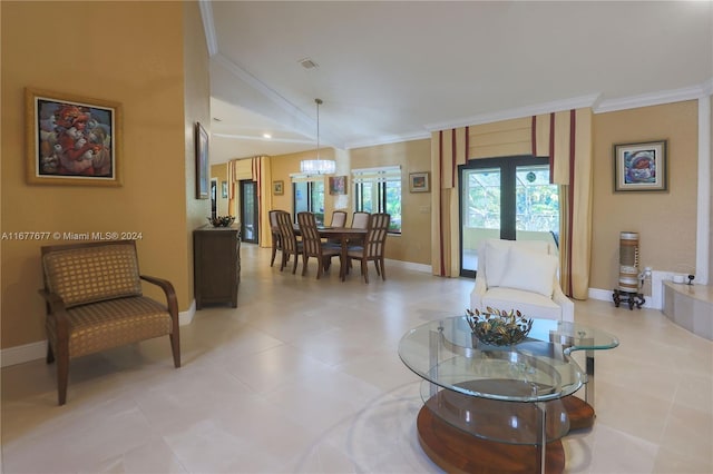 living room with crown molding