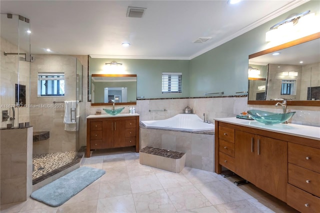 bathroom with vanity, plus walk in shower, and ornamental molding