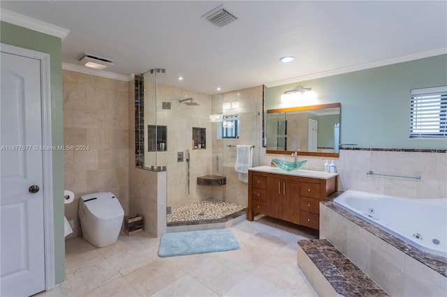 full bathroom featuring toilet, vanity, independent shower and bath, tile walls, and ornamental molding