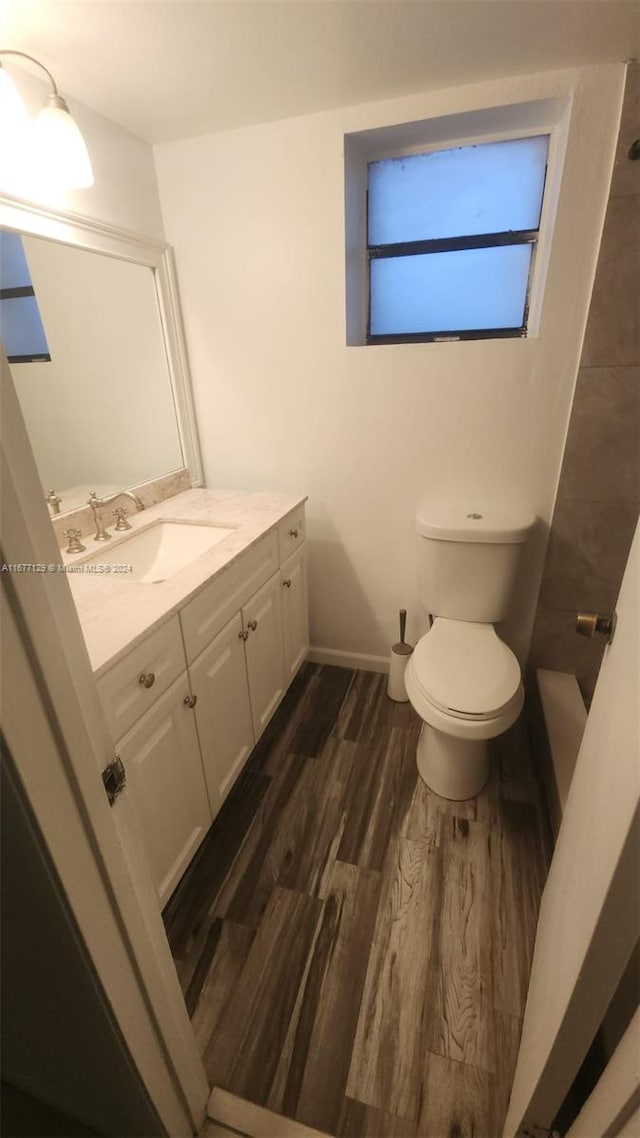 bathroom with vanity, hardwood / wood-style flooring, and toilet