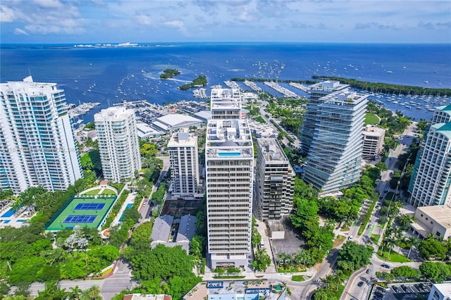 bird's eye view with a water view