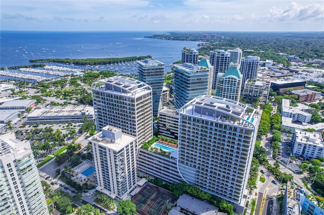 bird's eye view with a water view