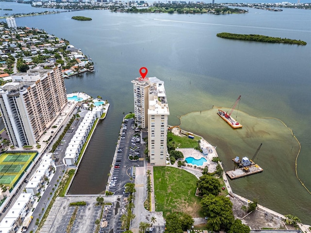 aerial view featuring a water view