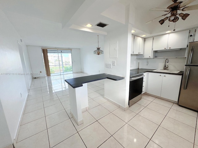 kitchen featuring stainless steel appliances, white cabinets, sink, and kitchen peninsula