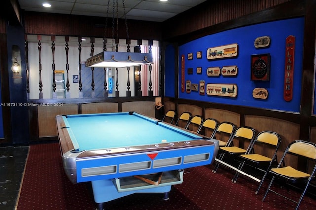 rec room with a drop ceiling and billiards