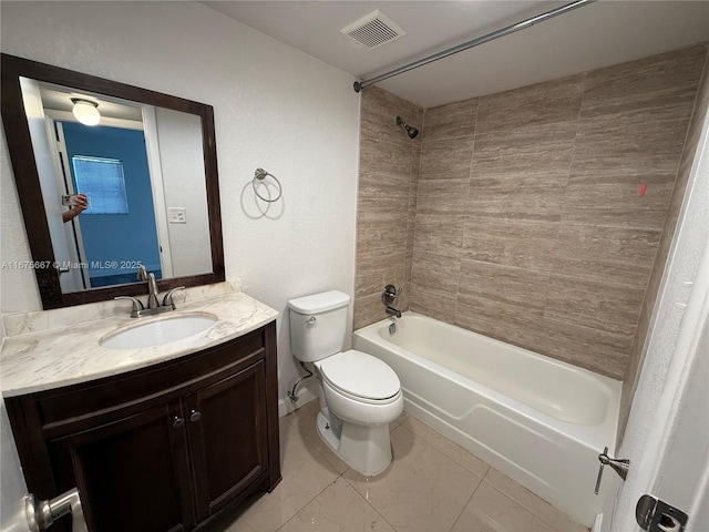 bathroom featuring toilet,  shower combination, vanity, and visible vents