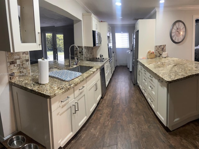 kitchen featuring white cabinets, a healthy amount of sunlight, light stone countertops, sink, and stainless steel appliances