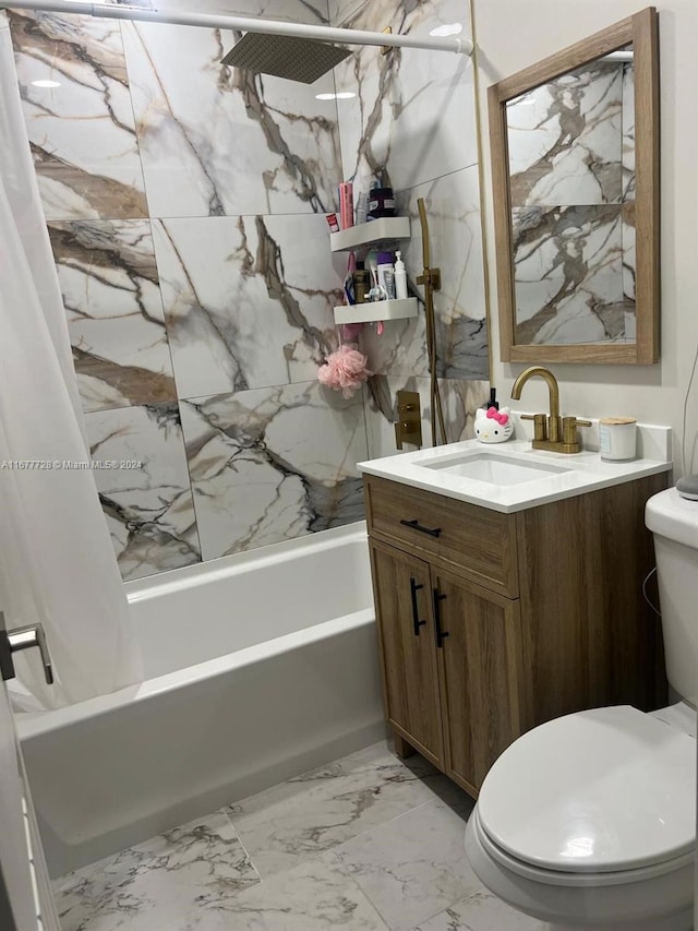 full bathroom with vanity, toilet, and shower / bath combo with shower curtain