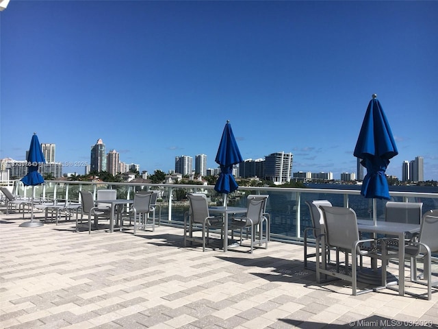 3000 Island Blvd Unit 2404, Aventura, FL 33160 - view of patio / terrace featuring a view of skyline and outdoor dining area