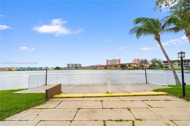 view of patio / terrace featuring a water view