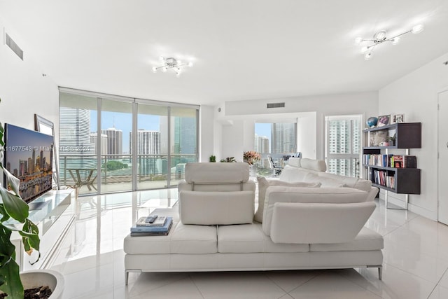 living room featuring light tile patterned floors