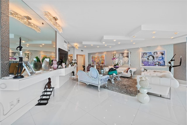 tiled living area with recessed lighting and visible vents