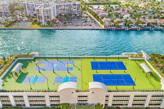 bird's eye view with a water view