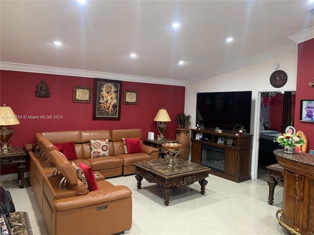 tiled living room with crown molding and vaulted ceiling