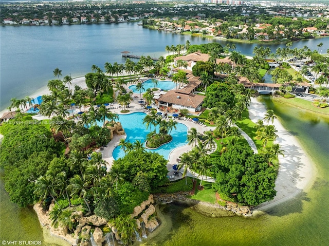 birds eye view of property featuring a water view