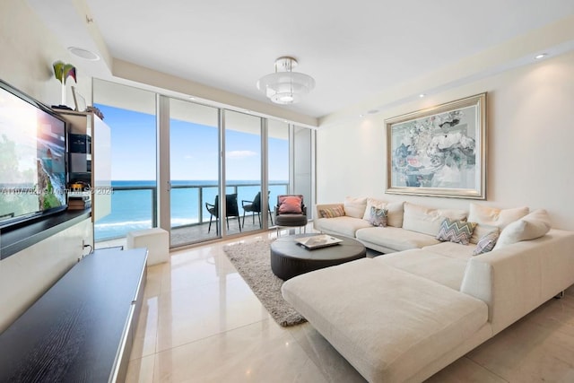 living room featuring a water view