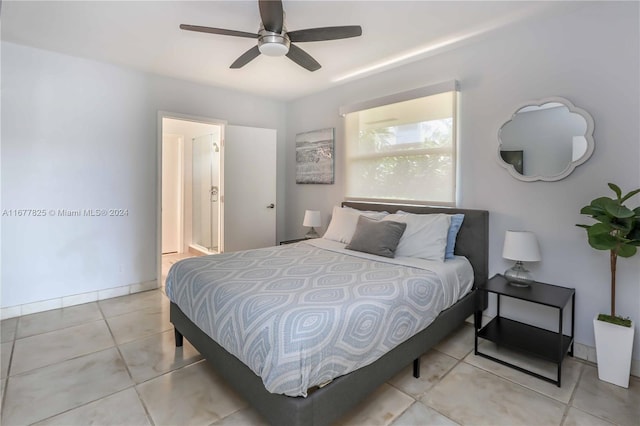 bedroom featuring light tile patterned floors and ceiling fan