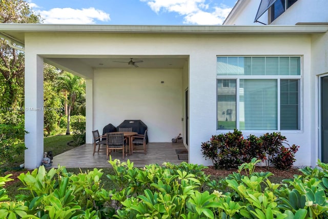 doorway to property featuring a deck and ceiling fan